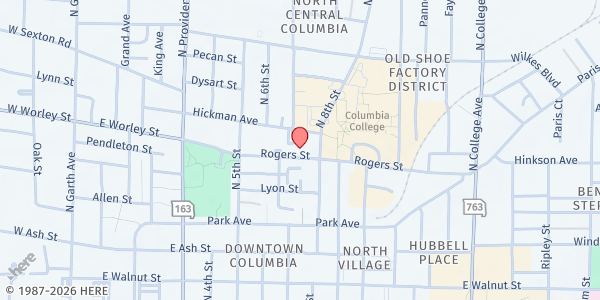 Map showing Jefferson Middle School at 713 Rogers St, Columbia, MO