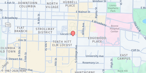 Map showing Locust Street Elementary at 1208 Locust, Columbia, MO