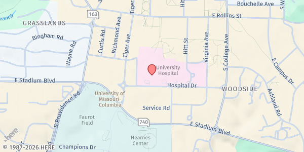 Map showing MU Health Care (Share Boxes) at 1 Hospital Dr, Columbia, MO