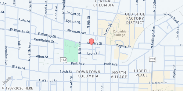 Map showing Oak Chapel Food Pantry - Food Distribution Center at 411 Circus Ave, Columbia, MO