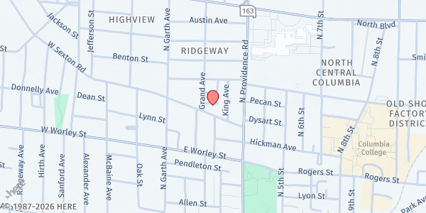 Map showing Ridgeway Elementary at 107 E. Sexton Rd, Columbia, MO