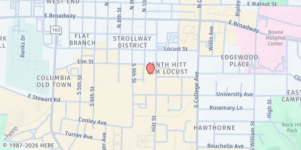 Map showing University of Missouri Tiger Pantry & Truman's Closet at 299 Hitt St, Columbia, MO