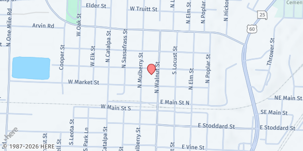 Map showing First Baptist Church Dexter at 11 W. Caster St., Dexter, MO