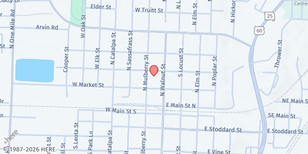 Map showing FIRST BAPTIST CHURCH DEXTER at 11 W. Castor, Dexter, MO