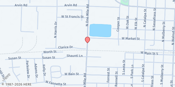 Map showing Stoddard County Gospel Mission: Dexter at 207 N. 1 Mile Rd., Dexter, MO