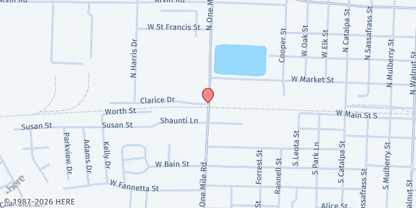 Map showing Stoddard County Gospel Mission - Food Distribution Center at 207 N 1 Mile Rd, Dexter, MO