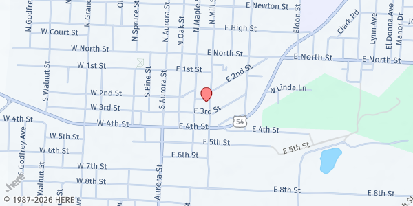 Map showing Eldon Community Food Pantry at 312 E. 2nd Street, Eldon, MO