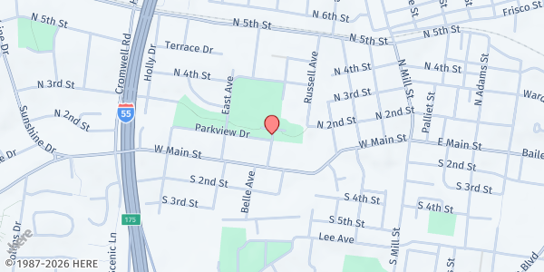 Map showing Ozark Food Pantry at 1 Sunset Pk. Box 841, Festus, MO