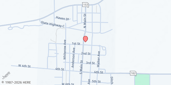 Map showing BOOTHEEL CULTURAL & PERFORMING ARTS at 110 N. Main Street, Gideon, MO