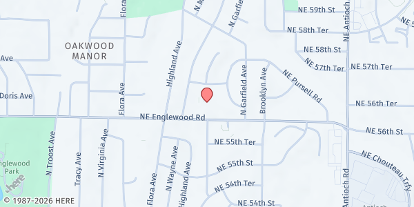 Map showing A Turning Point Ministry Inc at 1900 NE Englewood Road, Gladstone, MO