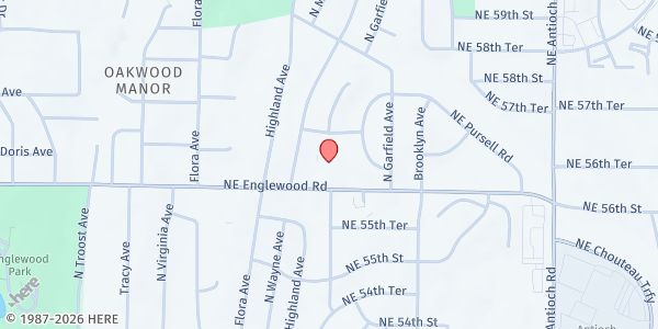 Map showing Englewood Baptist Church/Turning Point Ministry at 1900 NE Englewood Road, Gladstone, MO