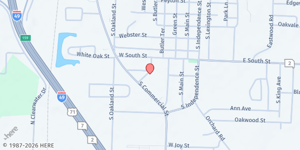 Map showing Shepherd's Staff Food Pantry at 1311 Sanders St, Harrisonville, MO