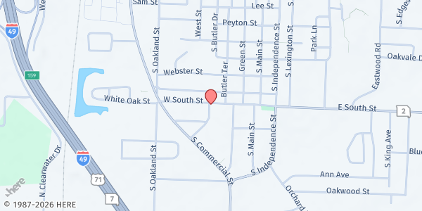 Map showing Shepherds Staff Pantry at 1311 Sanders Street, Harrisonville, MO