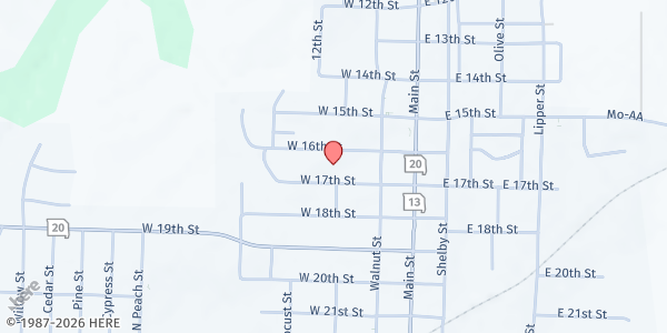 Map showing Bridge to Hope Ministries at 203 W. 16th St., Higginsville, MO