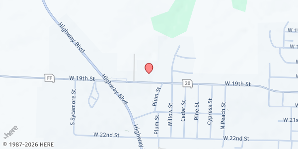 Map showing First Assembly of God Church at 1050 W 19th Street, Higginsville, MO