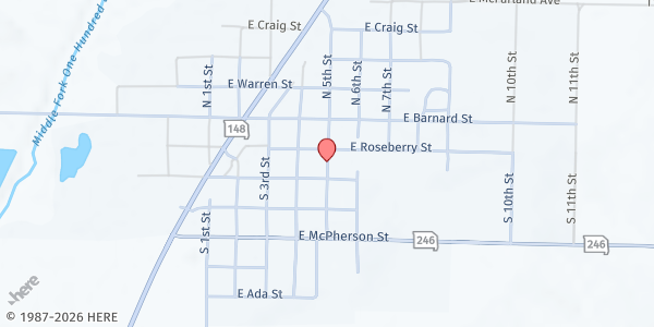 Map showing Hopkins Christian Church and Hopkins Community Club at 102 S. 5th Street, Hopkins, MO