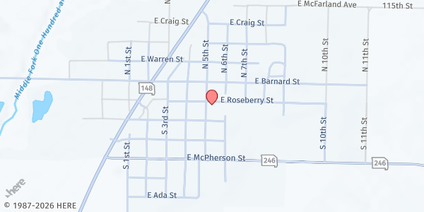 Map showing Hopkins First Christian Church at 101 S. 5th St., Hopkins, MO