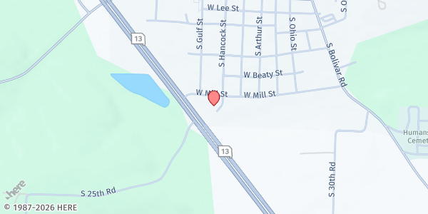 Map showing Community Outreach Ministries Humansville Distribution at 506 W. Mill St., Humansville, MO