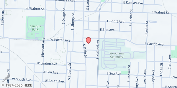 Map showing Messiah Lutheran Church at 613 S Main St, Independence, MO