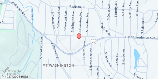 Map showing Mount Washington Baptist Church at 9623 E. Independence Ave., Independence, MO