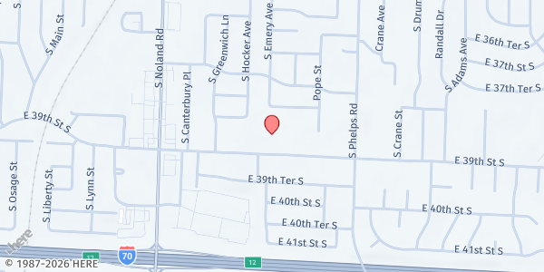 Map showing Renewed Hope Pantry East at 14500 E 39th Street, Independence, MO