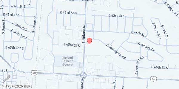 Map showing The Gathering Baptist Church at 4505 S Noland Road, Independence, MO