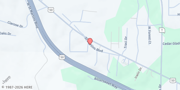 Map showing St. Martin Catholic Church Mobile Pantry - 7148 Bus 50 W. at 7148 Bus 50 W., Jefferson City, MO