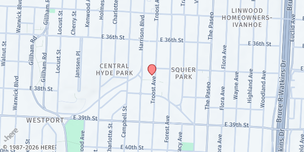 Map showing Arrazaa Food Pantry at 3678 Troost Ave, Kansas City, MO