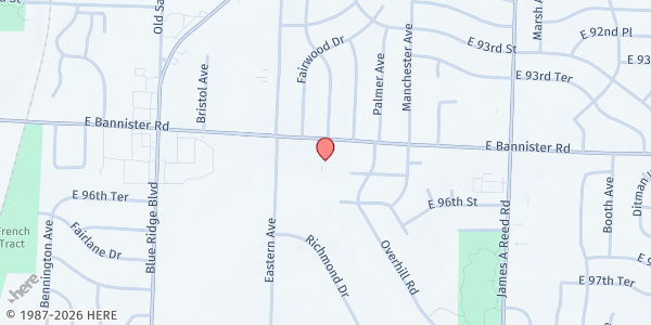 Map showing Bannister Road Baptist Church at 7503 Bannister Rd., Kansas City, MO