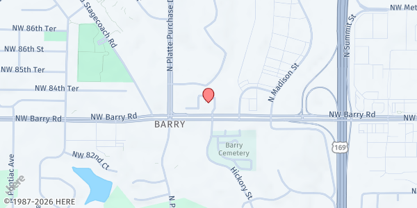 Map showing Barry Christian Church at 1500 NW Barry Road, Kansas City, MO