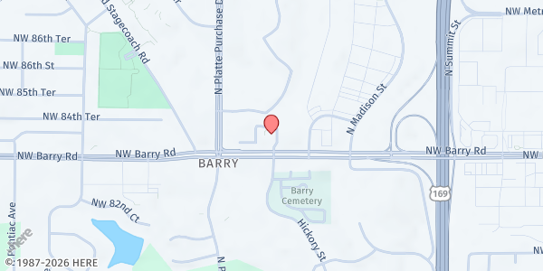 Map showing Barry Christian Church at 1500 NW Barry Rd., Kansas City, MO