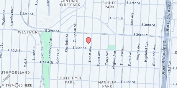 Map showing Bishop Sullivan Center at 3936 Troost Avenue, Kansas City, MO