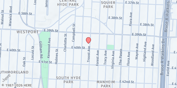 Map showing Bishop Sullivan Center/One City Cafe at 3936 Troost Ave., Kansas City, MO