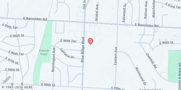 Map showing Blue Ridge Church of Christ at 9603 Blue Ridge Blvd., Kansas City, MO