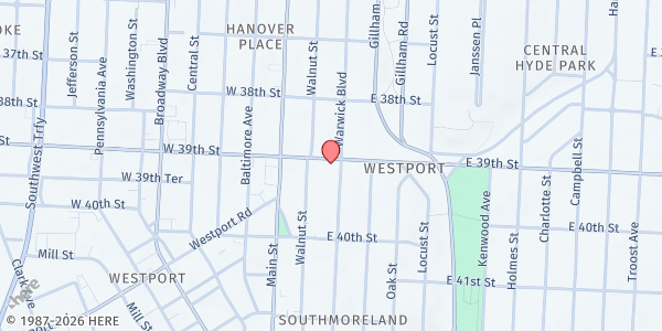 Map showing Bus-stop Pantry (39th and Warwick) at 131 E 39th Street, Kansas City, MO