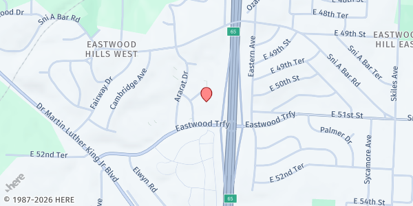 Map showing Calvary Chapel Church of God in Christ at 5101 Bristol Avenue, Kansas City, MO