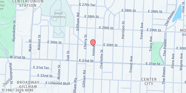 Map showing Calvary Community Outreach at 3002 Holmes St, Kansas City, MO