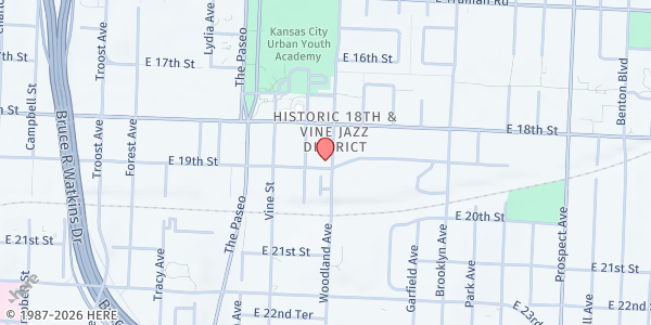 Map showing Centennial UMC at 1834 Woodland Ave., Kansas City, MO
