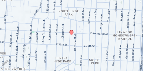 Map showing Central Presbyterian Church at 3501 Campbell St, Kansas City, MO