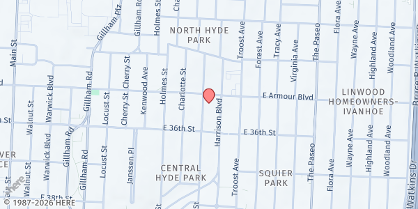 Map showing Central Presbyterian Church at 3501 Campbell St., Kansas City, MO