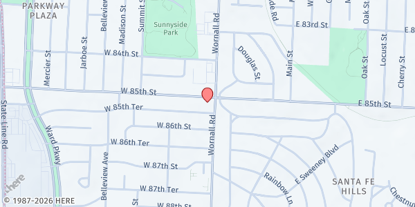 Map showing Christ the King Catholic Church at 8510 Wornall Rd., Kansas City, MO