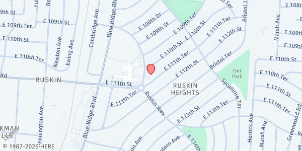 Map showing Christian Charity Church at 11000 Ruskin Way, Kansas City, MO