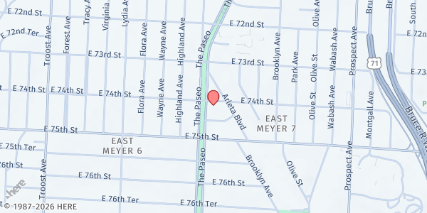 Map showing Christian Tabernacle KC COGIC at 7405 The Paseo, Kansas City, MO