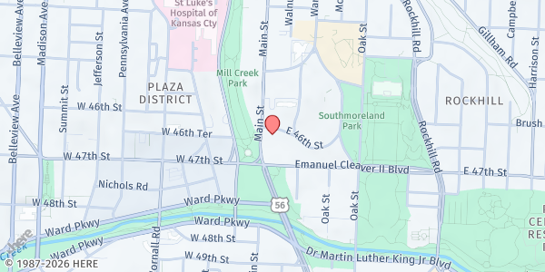 Map showing Community Christian Church at 4601 Main Street, Kansas City, MO