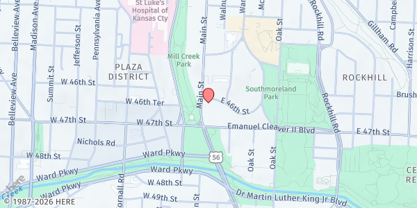 Map showing Community Christian Church at 4601 Main St., Kansas City, MO