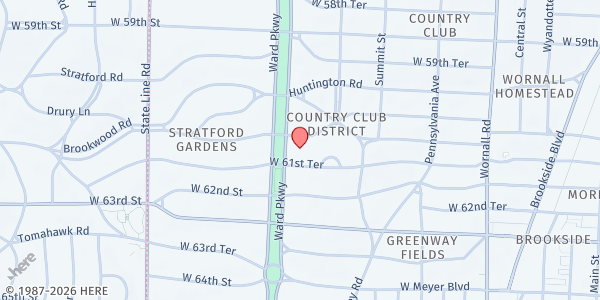 Map showing Country Club Christian Church at 6101 Ward Pkwy, Kansas City, MO