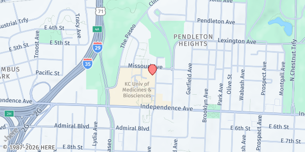 Map showing Della Lamb Community Services - Food Distribution Center at 500 Woodland Ave, Kansas City, MO