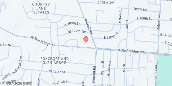 Map showing First Baptist Church - Red Bridge Food Pantry at 100 Red Bridge Rd., Kansas City, MO
