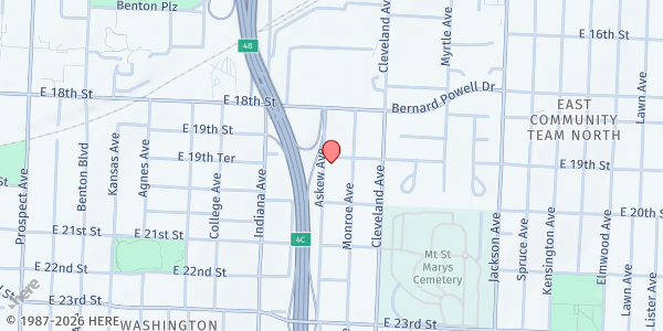 Map showing Galilee Missionary Baptist Church at 3601 E. 19th St., Kansas City, MO