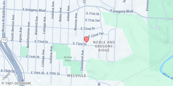 Map showing Gethsemane Baptist Church at 3800 E. 73rd St., Kansas City, MO